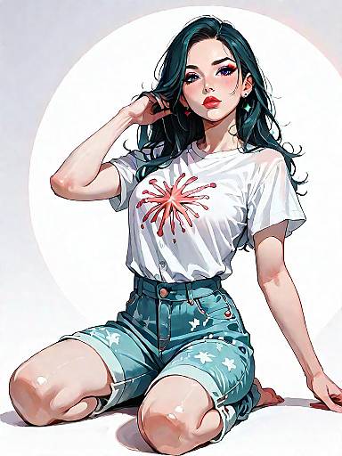 Woman in Casual Streetwear with Turquoise Starfish Print T-Shirt