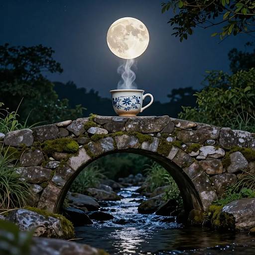 Moonlit Ceramic Cup on Stone Bridge