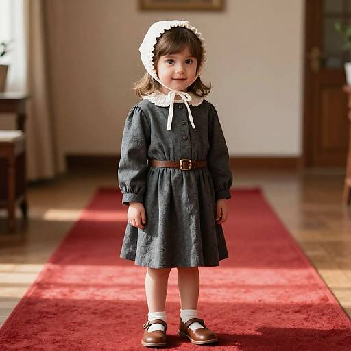 Photograph of a young girl with light skin, brown hair, wearing a dark blue dress, white bonnet, brown belt, brown shoes, standing