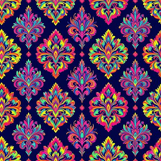 Vibrant, neon floral pattern on dark blue background; symmetrical, multicolored flowers with bright yellow, pink, purple, green, and