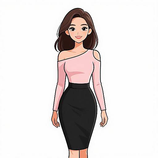 Digital anime-style illustration of a smiling woman with long dark brown hair, wearing a pink off-shoulder top and black knee-length skirt, standing against