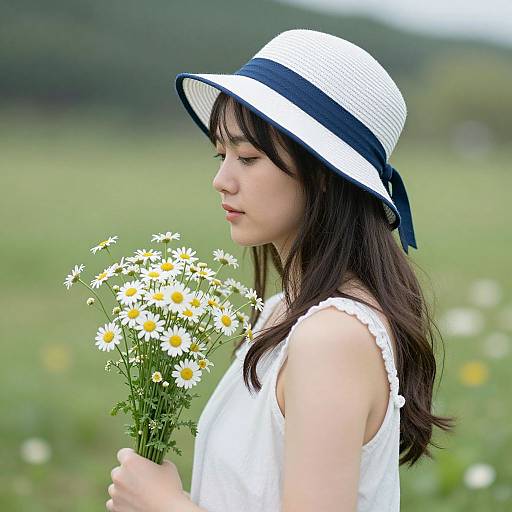 Young woman with fair skin and long dark hair, wearing a white and navy hat, holding daisy bouquet, in a green field. Photographic image