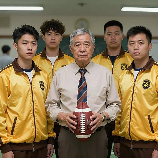 Dimly Lit Room with Five Men Photograph