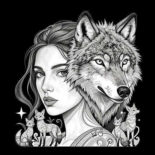 Black-and-white digital illustration of a woman with long hair, wolf beside her, surrounded by small cats, all with intense, detailed expressions.
