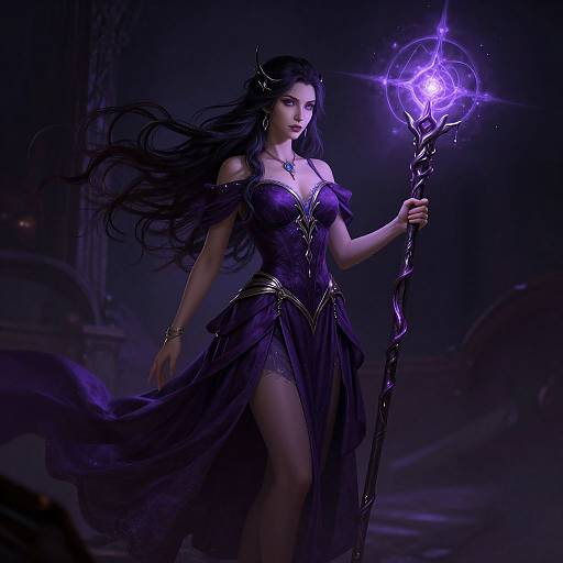 Digital artwork of a dark-haired, fair-skinned witch in a purple, off-shoulder dress, holding a glowing, purple magical staff in a