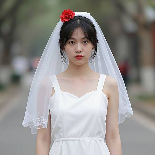 Traditional Bride Outdoors with Red Flower