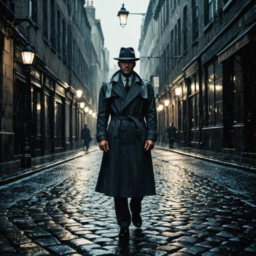 Vintage Detective on Rainy Cobblestone Street