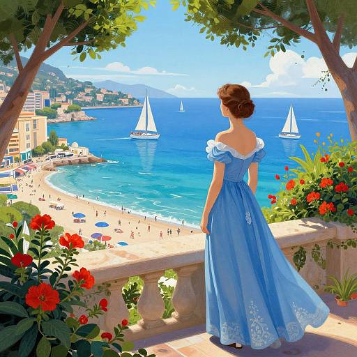 Digital painting of a woman in a blue off-shoulder dress, standing on a balcony overlooking a vibrant beach with sailboats and red flowers.