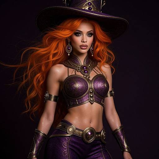 Digital fantasy portrait of a beautiful, red-haired witch with flowing hair, wearing a purple, gold-accented crop top and pants, dark hat,