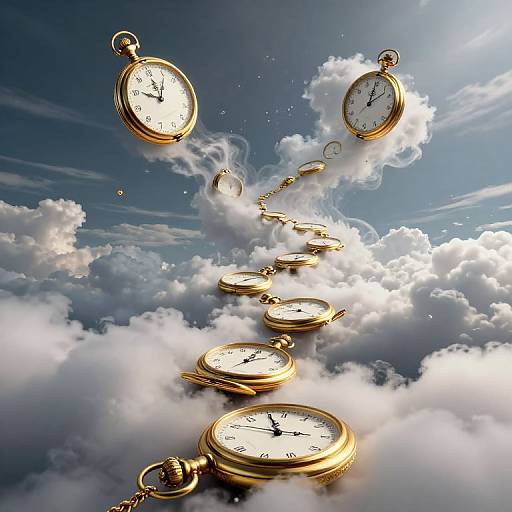 Digital artwork of nine floating, golden pocket watches with white faces, disappearing into a sky filled with fluffy clouds.