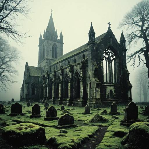 Deserted Gothic Monastery with Moss Covered Cemetery