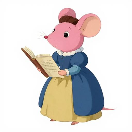 Digital illustration of a pink anthropomorphic mouse in a blue dress and yellow skirt, reading an open book, with a white pearl necklace and brown bonnet