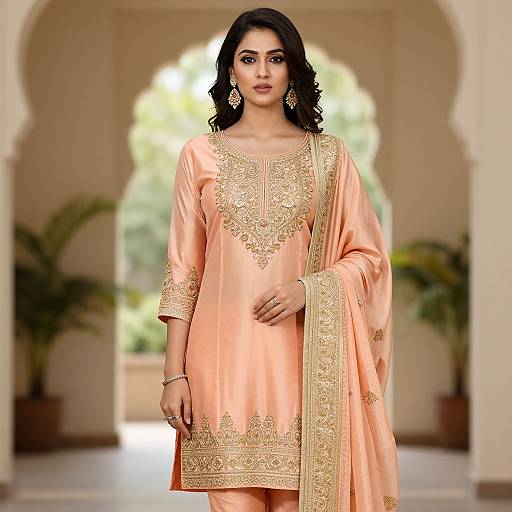 Photograph of a young South Asian woman in an ornate peach salwar kameez, gold embroidery, large earrings, standing in a sunlit
