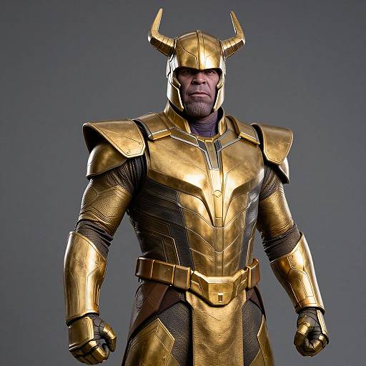 Photograph of a muscular, dark-skinned man in golden, horned armor with black accents, standing confidently against a gray background.