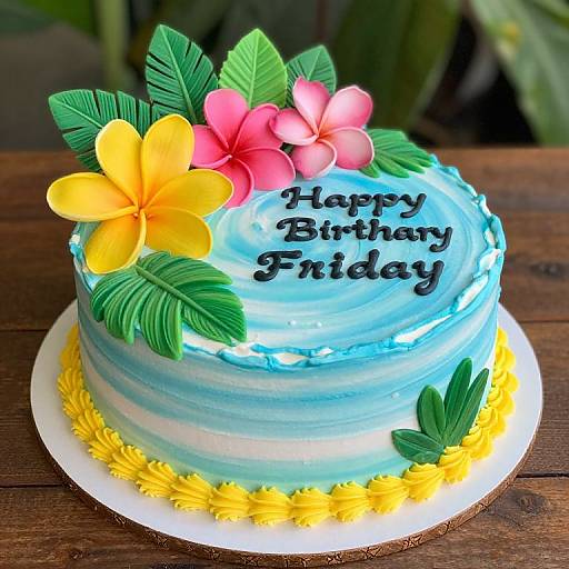 Photograph of a blue birthday cake with yellow and pink flowers, green leaves, 