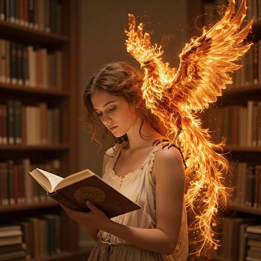 Photograph of a young woman with fiery angel wings, brown hair, and white dress, reading a book in a dimly lit library.