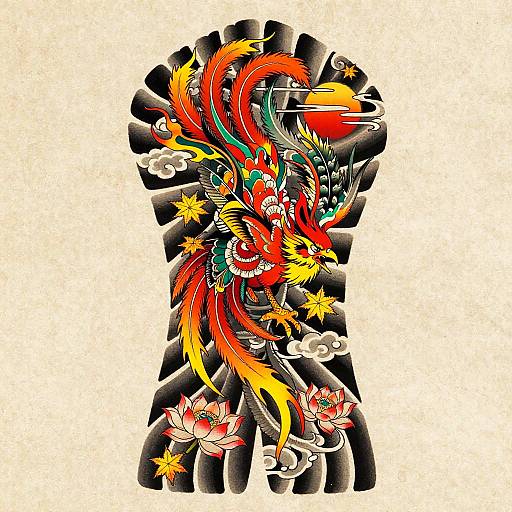 Vibrant Anime Phoenix Tattoo Flash