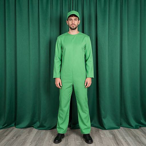 Photograph of a bearded man in green medical scrubs, cap, and black shoes, standing against a green curtain backdrop.
