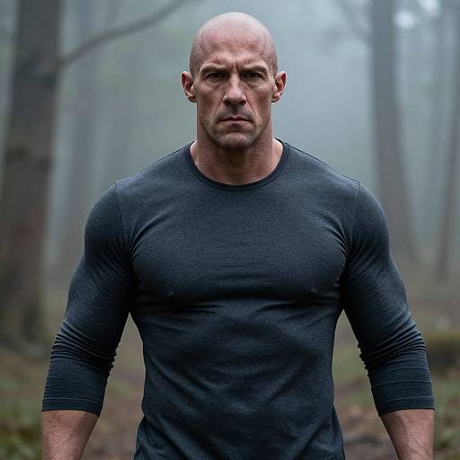 Photograph of a bald, muscular man with a serious expression, wearing a tight, dark gray long-sleeve shirt, standing in a misty