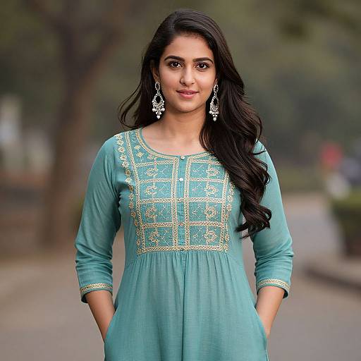 Photograph of a smiling Indian woman with long black hair, wearing a turquoise kurta with gold embroidery, and large silver earrings, standing outdoors with a