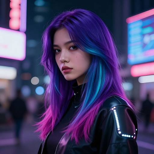 Digital photograph of a young Asian woman with vibrant purple and blue hair, wearing a black glossy leather jacket, in a neon-lit city street at night