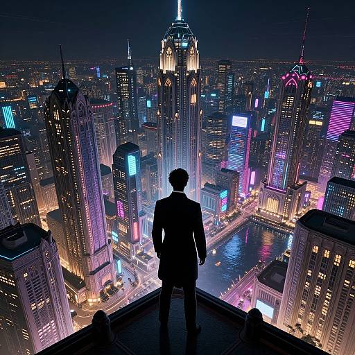 Silhouetted man in suit stands on rooftop, gazing at vibrant, neon-lit New York City skyline at night. Digital art.