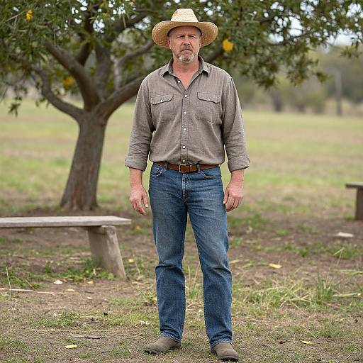 Photograph of a middle-aged man with a gray beard and mustache, wearing a straw hat, gray shirt, and blue jeans, standing in a