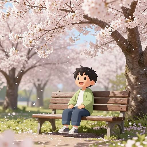 Digital illustration of a cheerful anime-style boy with black hair, green jacket, white shirt, and blue pants, sitting on a wooden bench under blooming