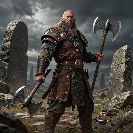 Viking warrior with long beard, armored in dark metal and leather, holding dual axes, standing in a stormy graveyard. (Digital art).
