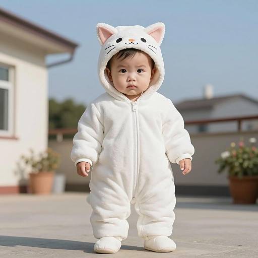 Baby in White Cat Onesie Outdoors