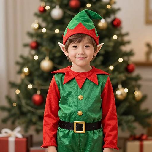 Photograph of a smiling young boy with elf costume, green and red outfit, pointed ears, in front of a decorated Christmas tree.