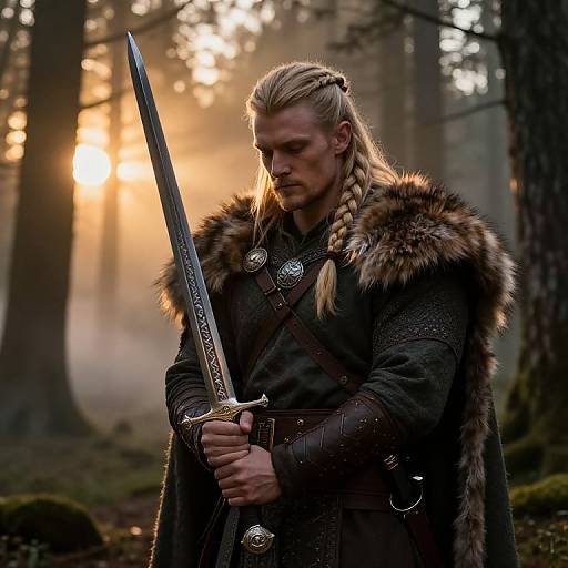 Photograph-style digital art of a blonde, muscular Viking warrior with braided hair, holding a sword, wearing a fur cloak, standing in a mist