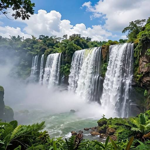 Photograph of a lush, tropical waterfall cascading over a rocky cliff, surrounded by dense greenery, mist, and a bright blue sky with fluffy