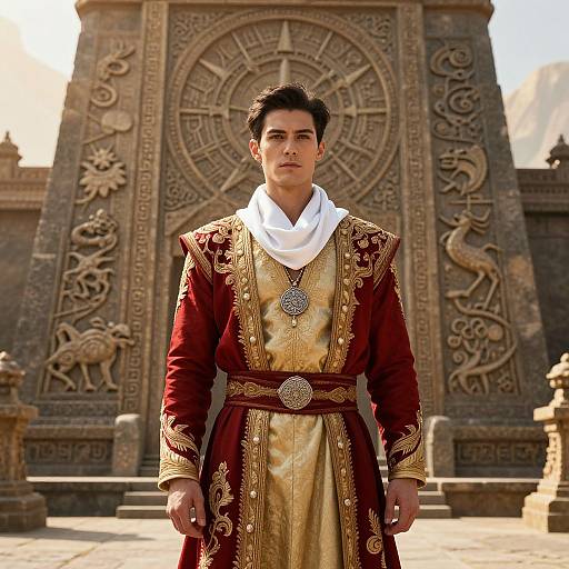 Photograph of an Asian man with short black hair, wearing a red and gold embroidered robe, white scarf, and circular brooch, standing in front