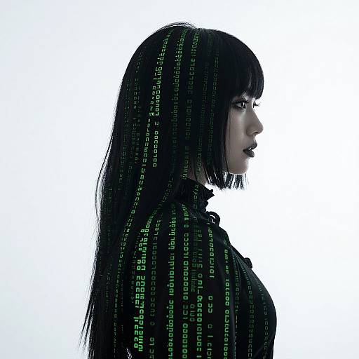 Silhouette of a dark-haired woman with straight bangs, wearing a black, green-coded jacket, profile view against a bright white background. Digital art