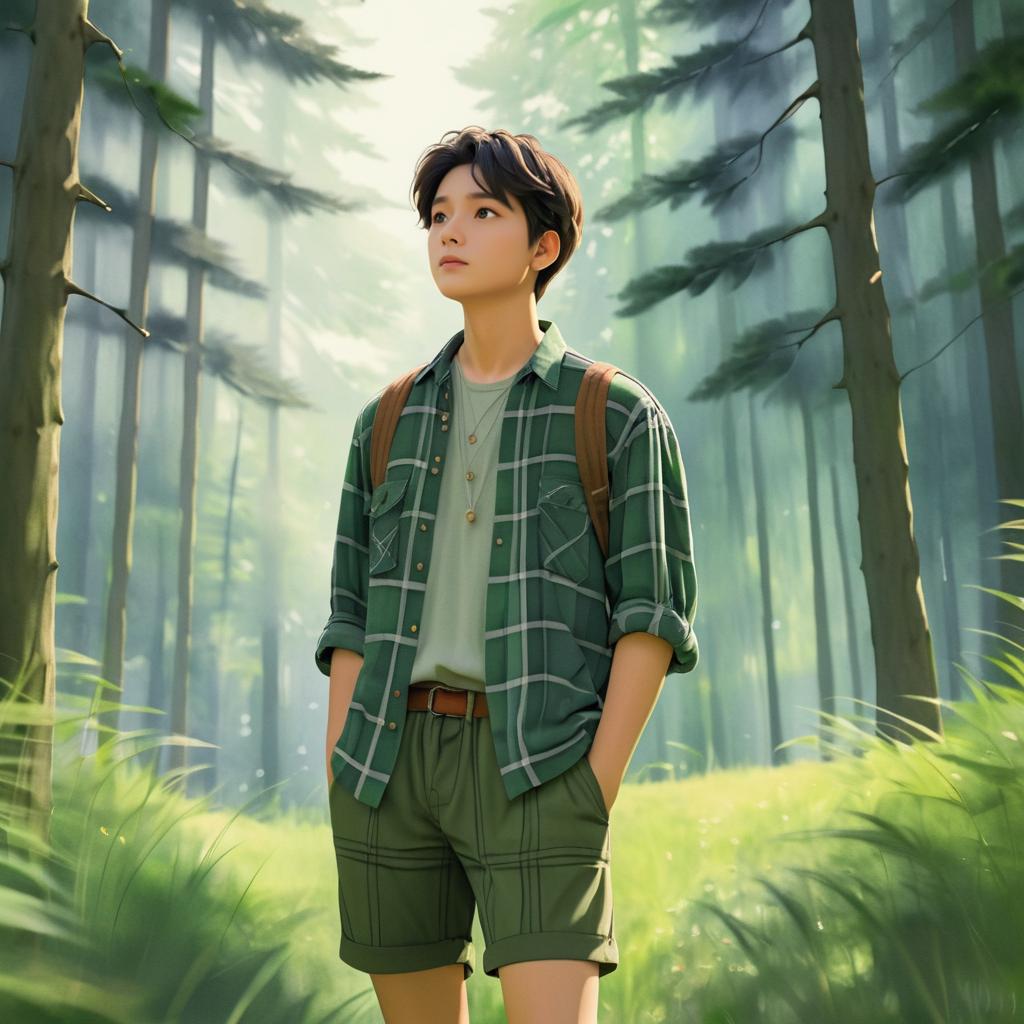 Contemplative Young Man in Serene Forest