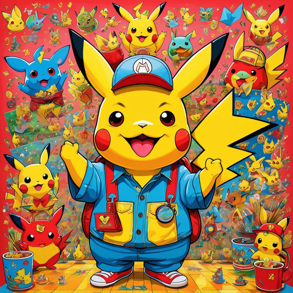 Whimsical Pikachu Artwork in Red Grooms Style