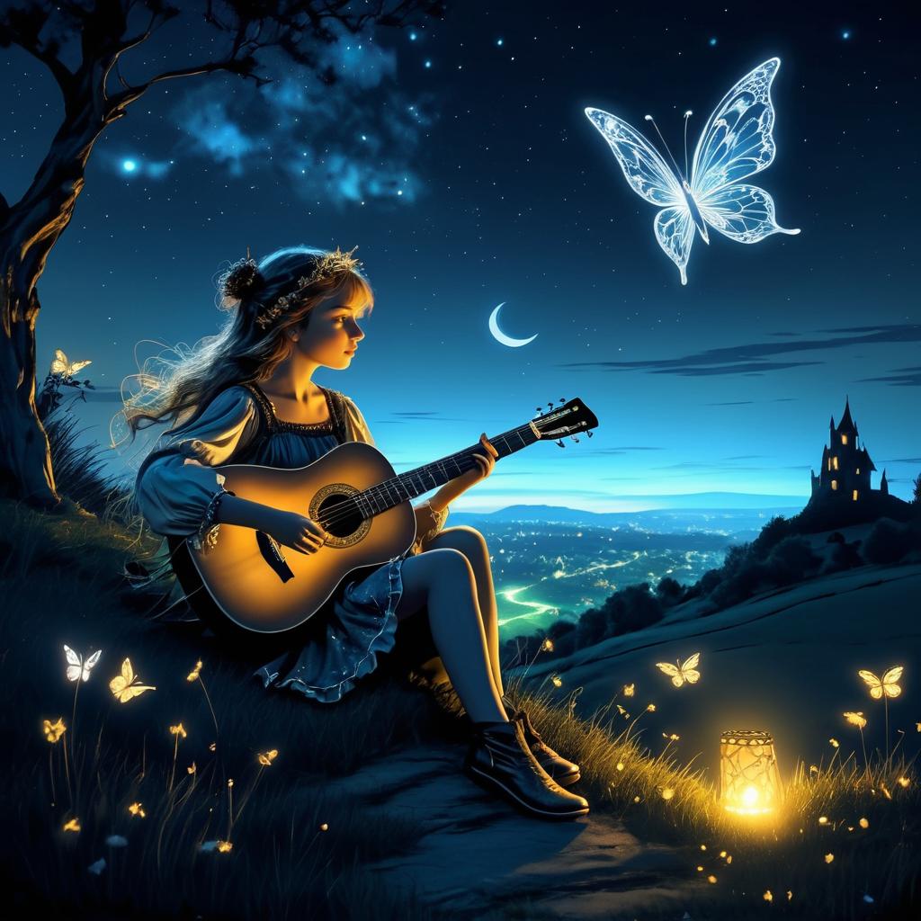 Magical Night: Girl with Guitar and Butterfly