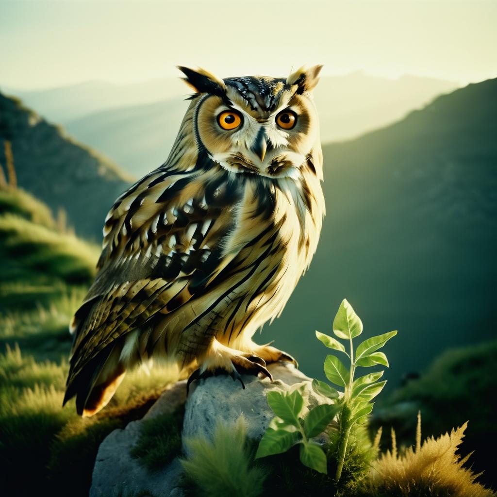 Vintage Owl and Cross on Mountain Top