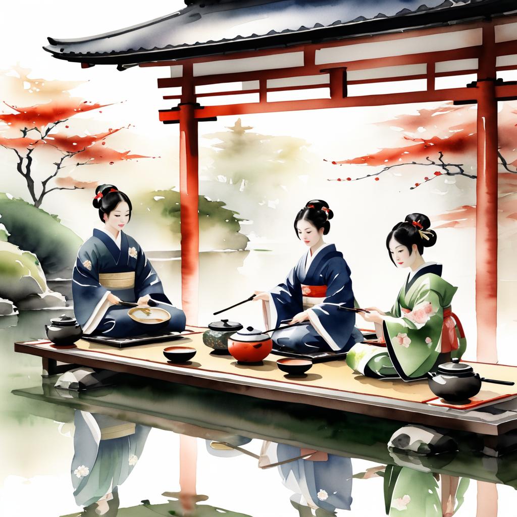 Elegant Japanese Tea Ceremony in Watercolor