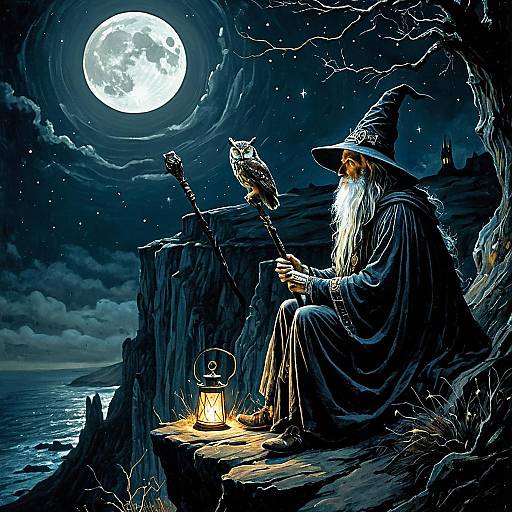 Magical Wizard on a Cliff at Night