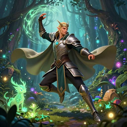 Digital fantasy artwork of a blond, armored knight with a glowing crown, casting a green magical ring in a vibrant, enchanted forest.