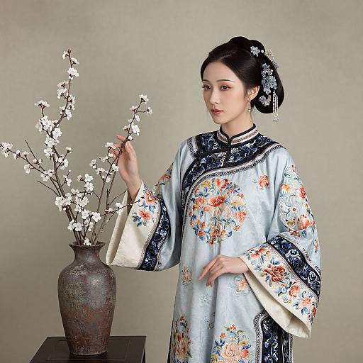 Photograph of an East Asian woman in a floral-patterned traditional kimono, black hair in an updo, holding cherry blossom branches from a brown