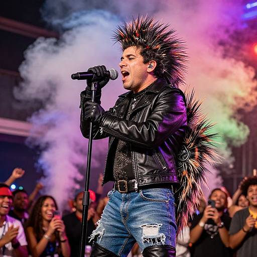 Photograph of a punk-rock singer with spiky hair, leather jacket, and ripped denim shorts, passionately singing into a microphone amidst colorful smoke and cheering