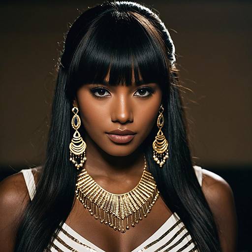 Elegant Dark-Skinned Woman with Cleopatra Bangs and Gold Jewelry
