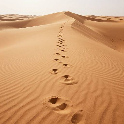 Photograph of a sunlit desert with rippled sand dunes, footprints leading up a dune, creating a sense of depth and journey.