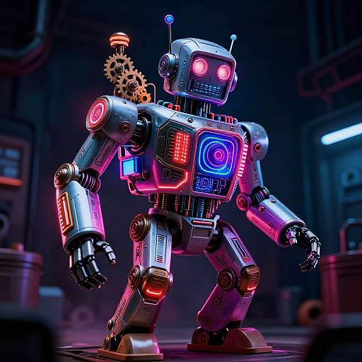 Neon-lit cybernetic robot with glowing red and blue eyes, gears on its back, and metallic silver body standing in a dark, futuristic