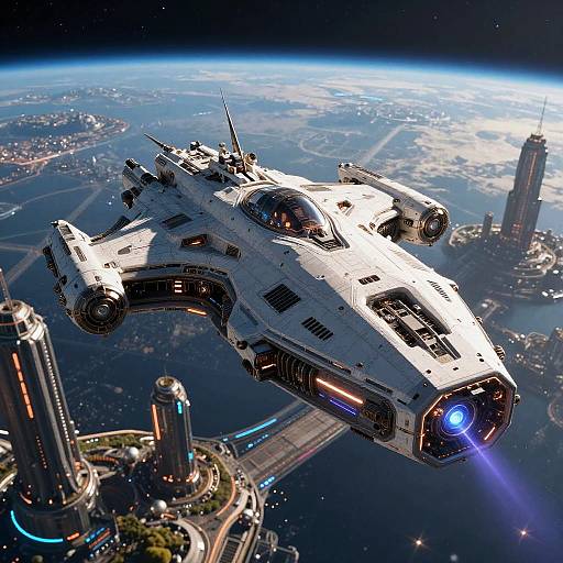 CGI image of a white X-Wing Starfighter with blue lights, flying above a futuristic cityscape with towering structures and waterways.