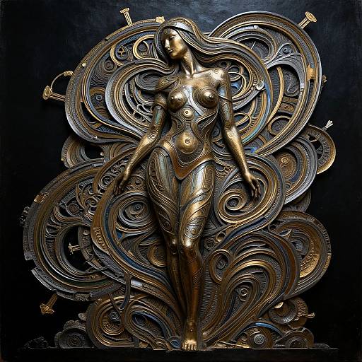 Photograph of a bronze, stylized, female statue with intricate, swirling patterns and geometric details, standing against a dark background.