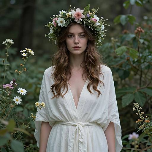 Photograph of a young woman with long, wavy brown hair, wearing a white, V-neck dress and a floral crown, standing in a lush